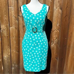 Tahari 1950s Style Turquoise Polka Dot Midi Dress